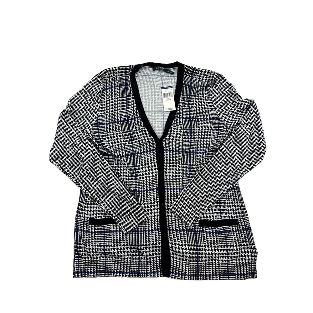 Lauren Ralph Lauren Houndstooth Black White Blue Cardigan Women's XXL